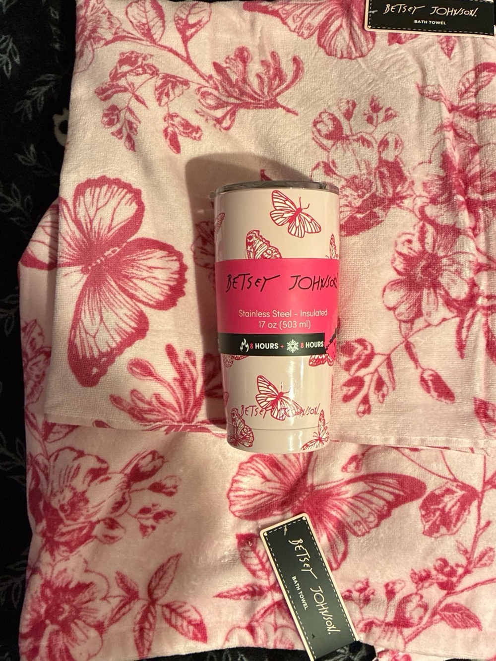 Betsey Johnson 17 oz Stainless Steel Tumbler with 2 Matching Bath Towels